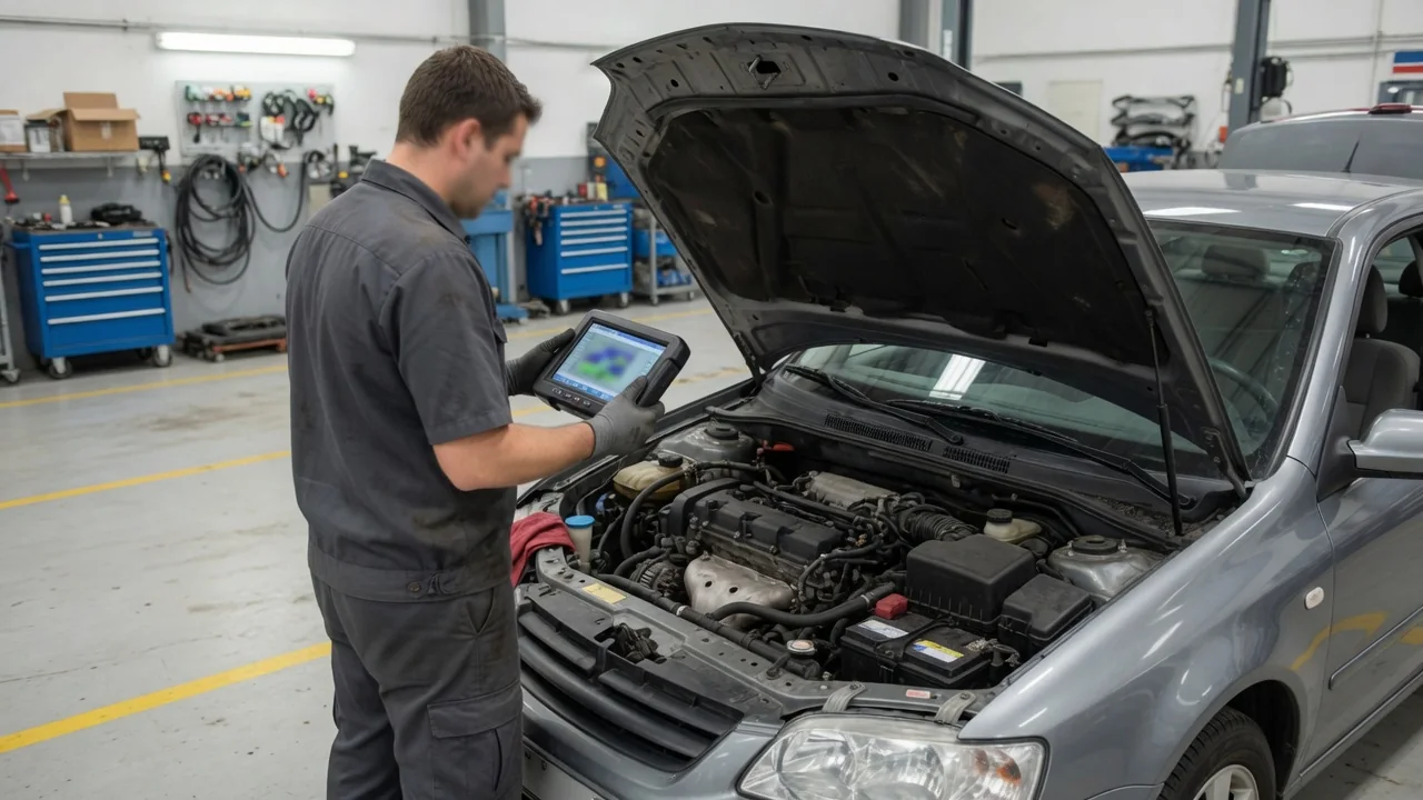 Technician reviewing fuel system diagnostic data on a scan tool beside a parked vehicle