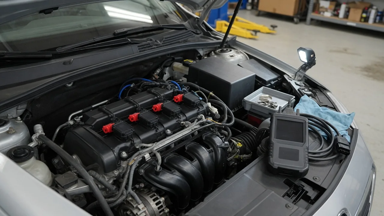 Ignition coil connectors on an engine with a diagnostic scan tool nearby