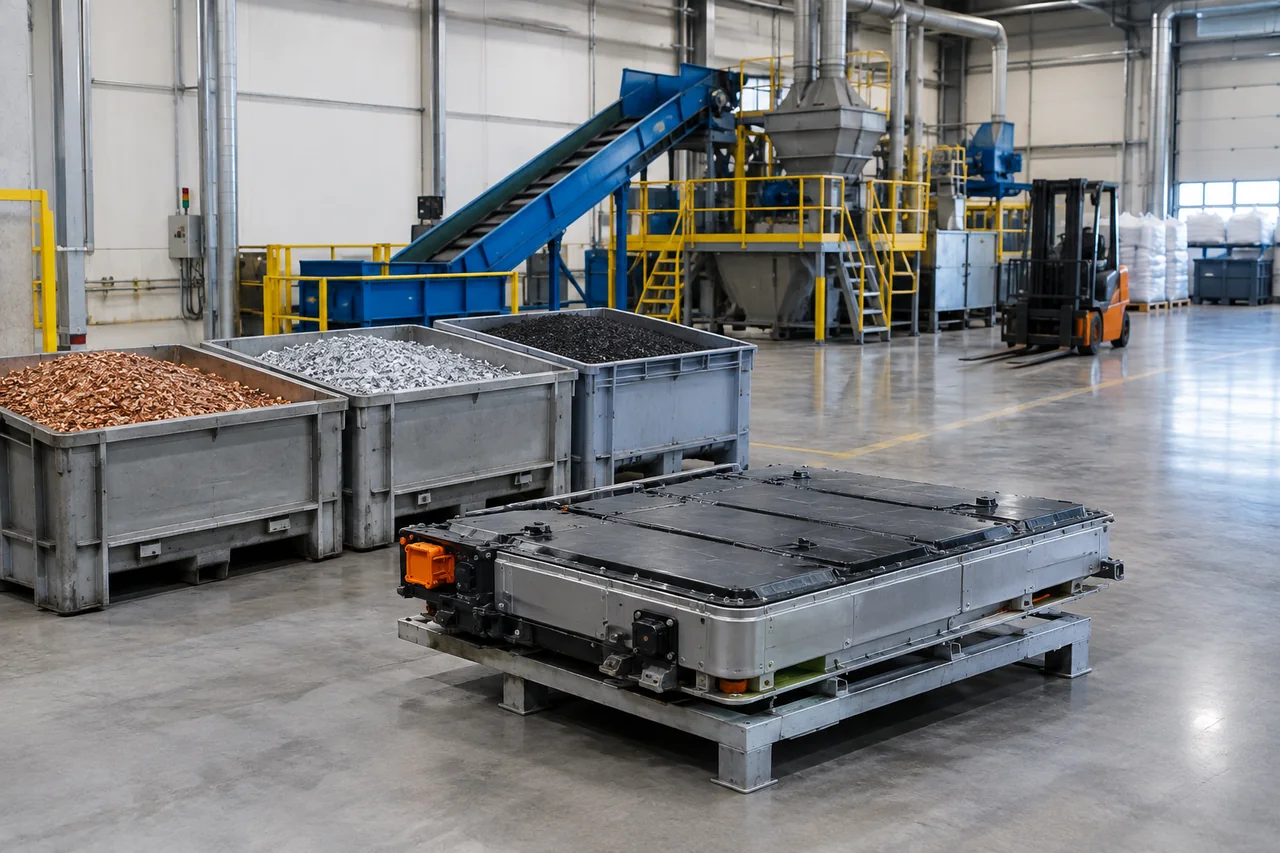 EV battery pack beside separated metal materials in a clean industrial recycling facility