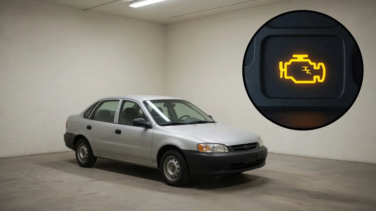 Illustration of an amber engine warning symbol beside a parked Mercedes-Benz