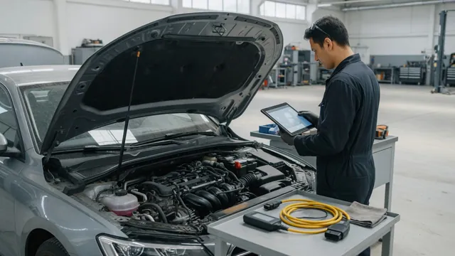 Technician reviewing knock sensor circuit diagnostic information beside an open engine bay