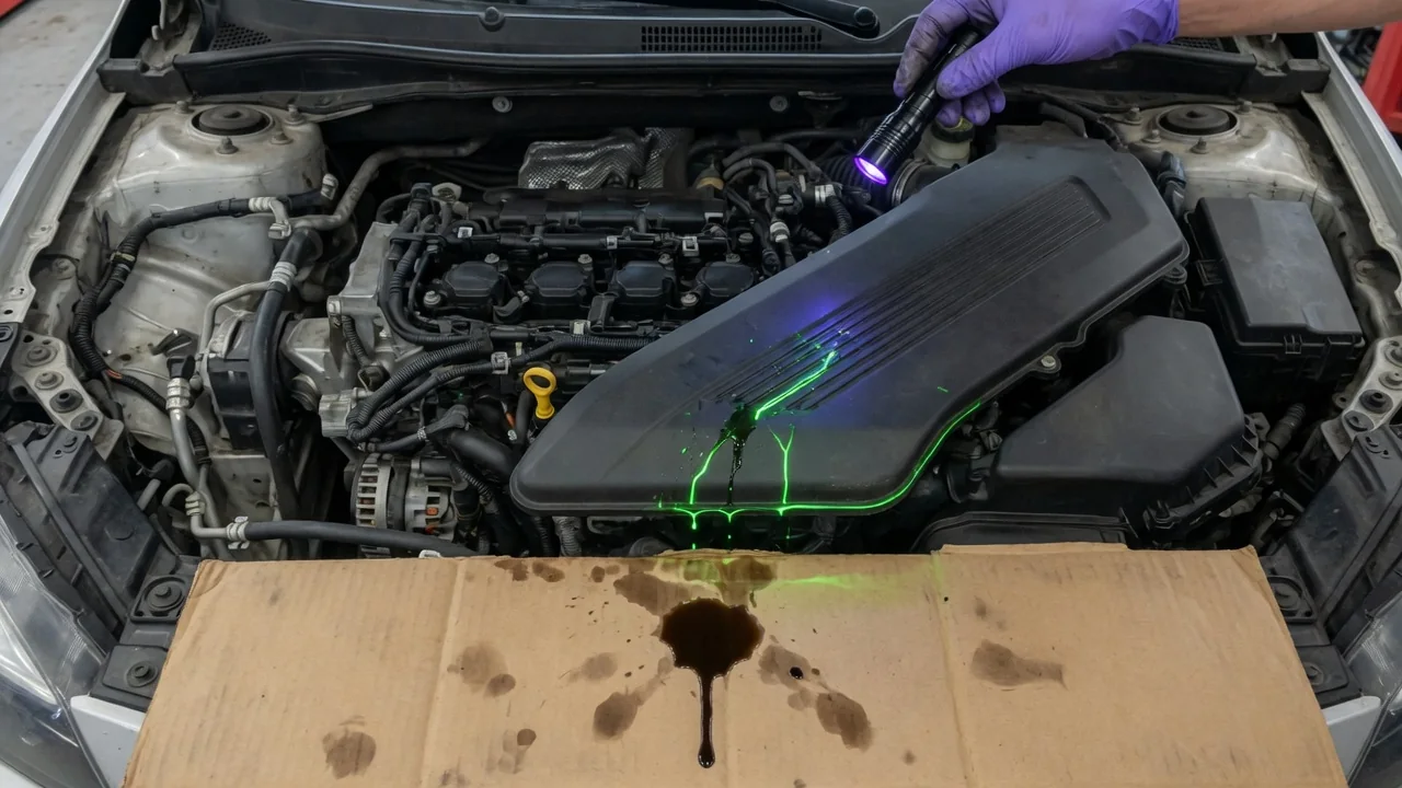 Mechanic using a UV flashlight to find a glowing engine oil leak trace along a valve cover in a car engine bay