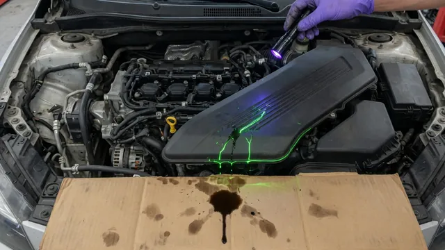 Mechanic using a UV flashlight to find a glowing engine oil leak trace along a valve cover in a car engine bay