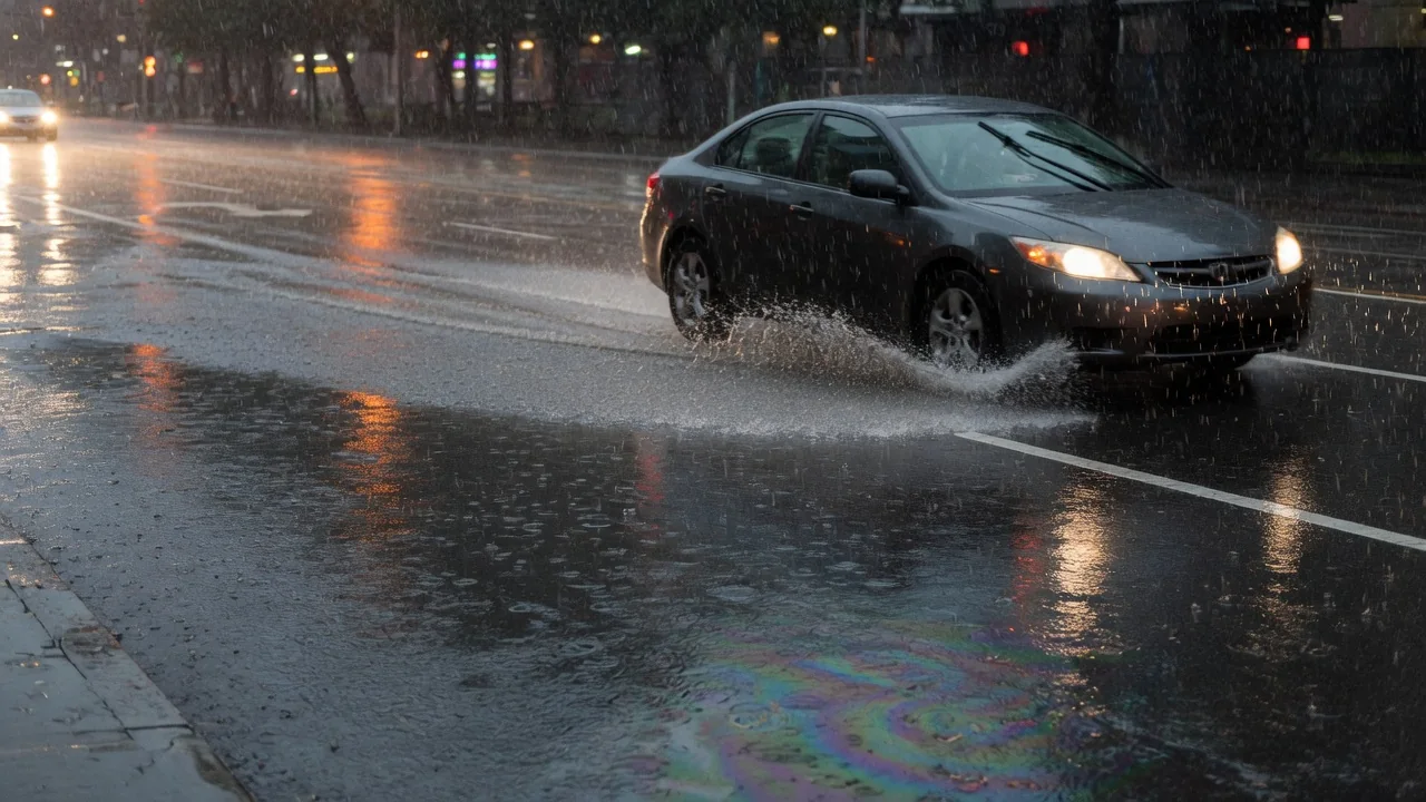 Automotive scene illustrating Why Does Heavy Rain Reduce Road Grip
