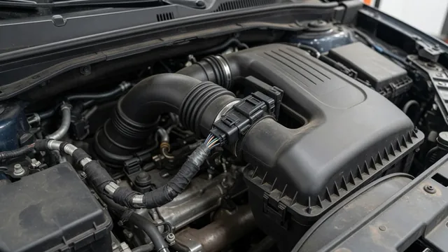 Illustration of an intake air temperature sensor connector and wiring beside an engine air intake