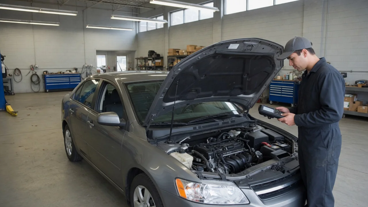 Technician reviewing vehicle communication fault codes on a diagnostic scanner beside an open hood