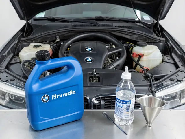 BMW coolant jug and premixed coolant bottle on a workbench in front of a BMW engine bay expansion tank