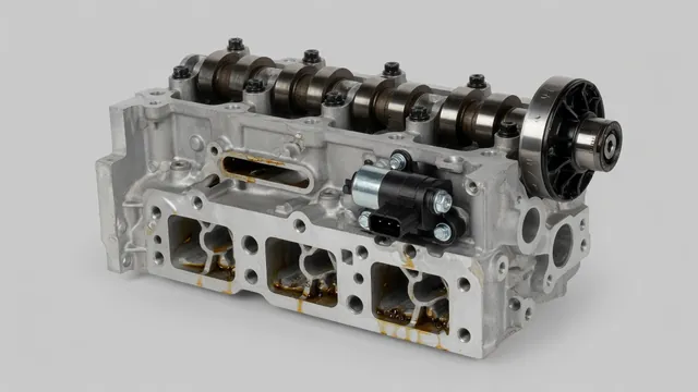 Illustration of an exhaust camshaft timing phaser and oil control solenoid in an engine cylinder head