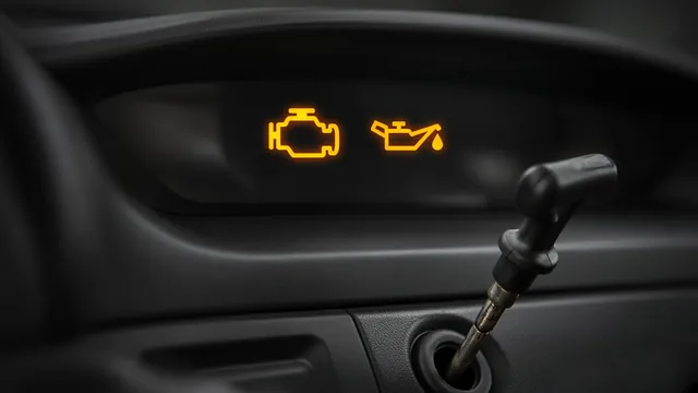 Dashboard showing an illuminated engine symbol and oil can warning symbol beside an engine oil dipstick.
