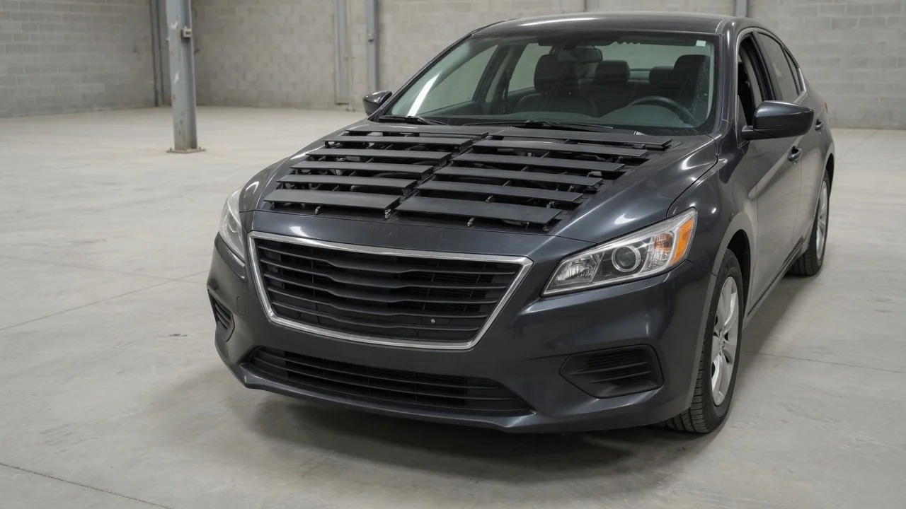 Front grille of a parked vehicle showing active grille shutter louvers behind the grille