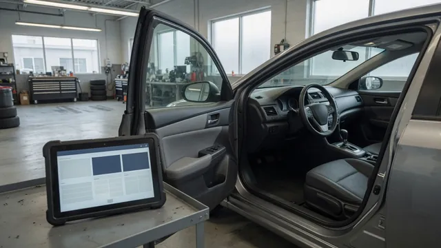 Diagnostic scan tool beside a vehicle dashboard displaying communication fault information