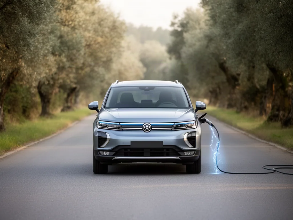 Plug-in hybrid SUV slowing on a downhill road, illustrating regenerative braking recovering energy