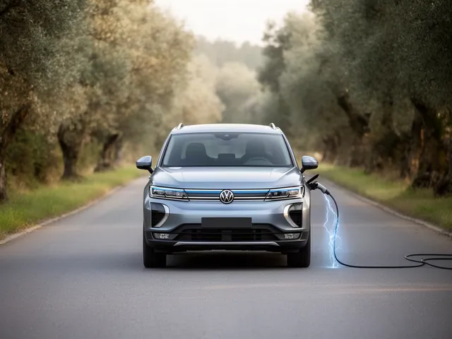 Plug-in hybrid SUV slowing on a downhill road, illustrating regenerative braking recovering energy