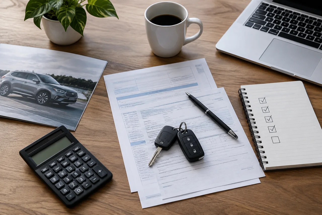 Car title transfer paperwork beside a calculator, car keys, and a checklist of fees