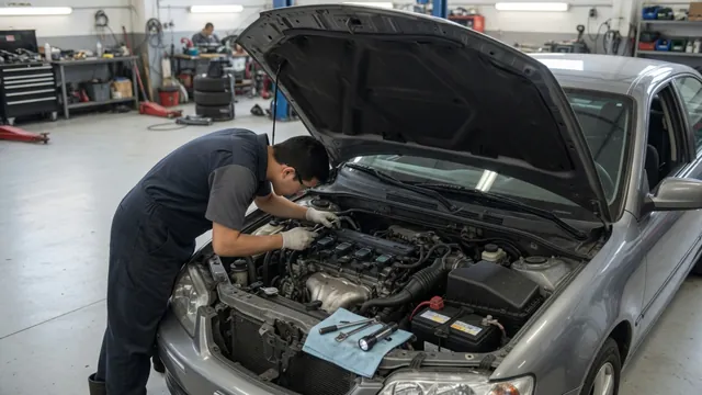 Technician inspecting the ignition area of a parked Chevy Cruze with the engine off