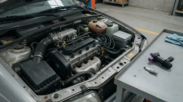 Ignition coil and spark plug beside a Toyota Corolla engine bay with the engine off