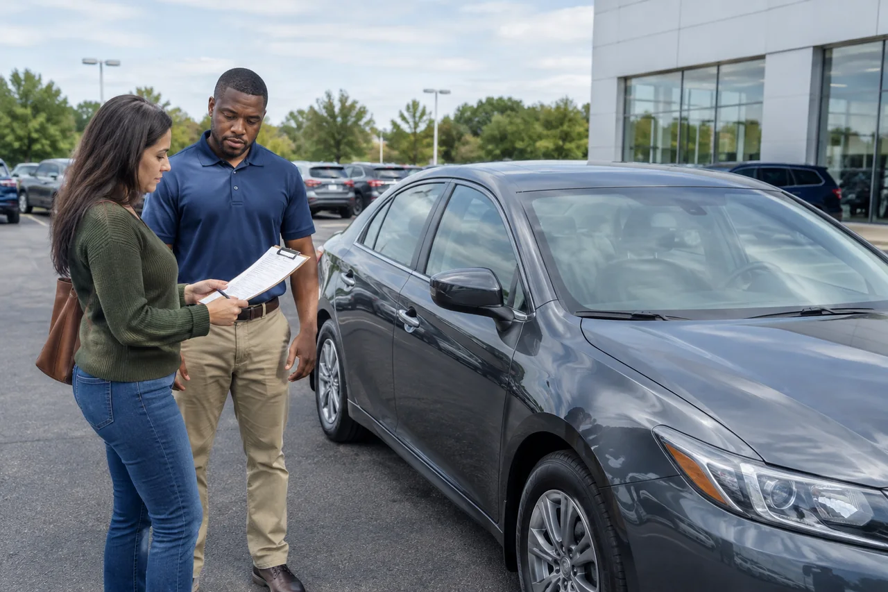 Buyer reviewing a used car checklist beside a parked vehicle at a dealership