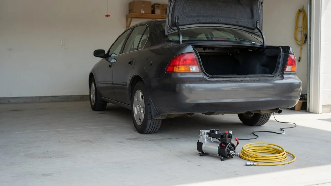 Lincoln Town Car in a garage with its trunk open and rear sitting low, with an air suspension compressor on the floor