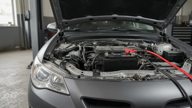 Open car hood showing a battery, terminals, and charging cables during an electrical inspection