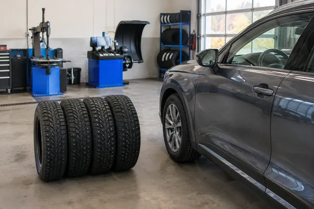 Four winter tires beside a vehicle in a clean tire shop, ready for a seasonal installation appointment.