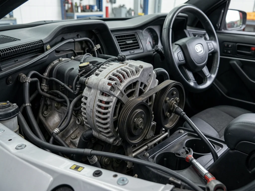 Alternator housing, pulley, and drive belt in a parked vehicle’s engine bay