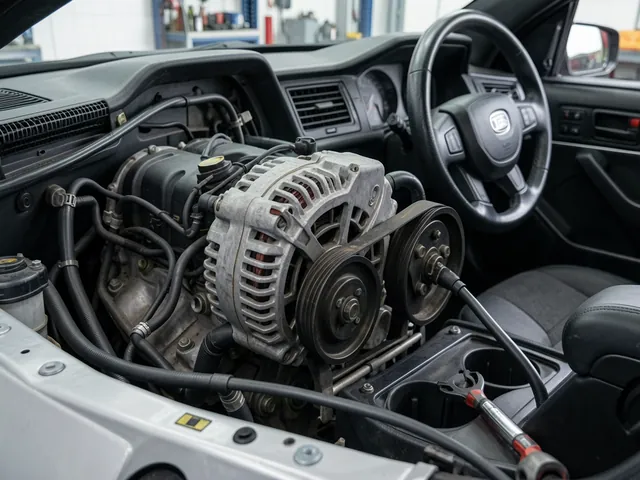Alternator housing, pulley, and drive belt in a parked vehicle’s engine bay