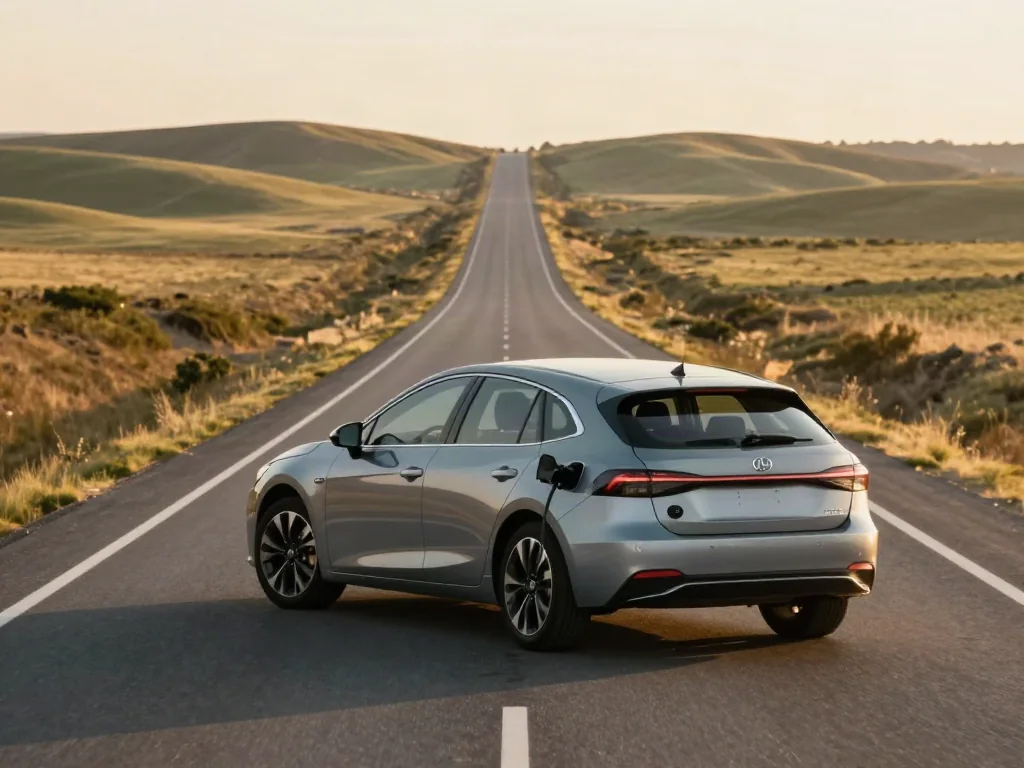 Hybrid sedan cruising on an open highway through rolling countryside at sunset during a road trip