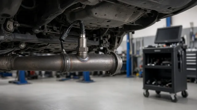 Oxygen sensor mounted in an exhaust pipe with a scan tool nearby