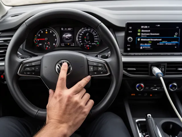 Driver checking the oil life maintenance menu on a parked vehicle’s dashboard