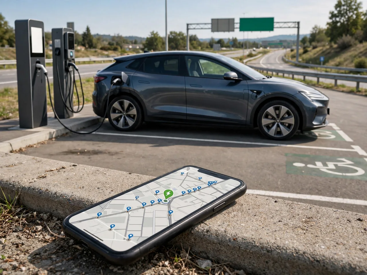 An electric car at a public charger with a phone displaying nearby charging locations