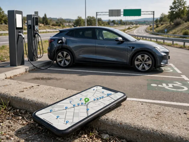 An electric car at a public charger with a phone displaying nearby charging locations