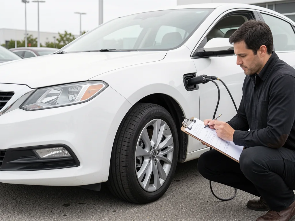 Buyer checking the tire tread on a late-model used sedan at a dealership before buying an off-lease car