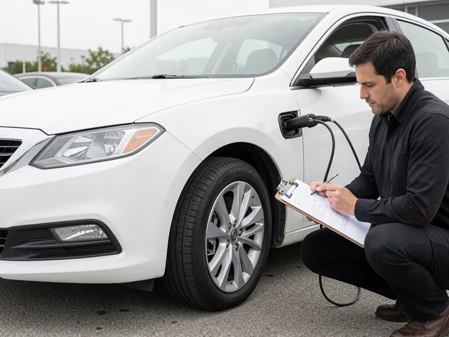 Buyer checking the tire tread on a late-model used sedan at a dealership before buying an off-lease car