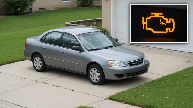 Illustration of an illuminated check engine symbol beside a parked Chevrolet Malibu