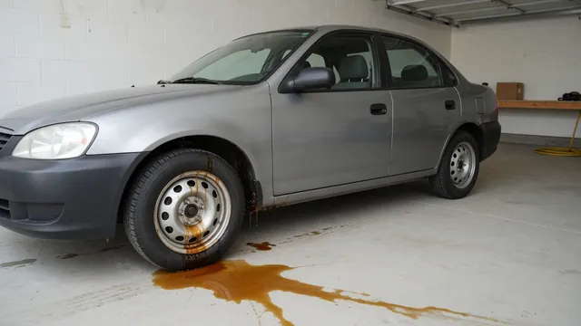 Wet streaks inside a car wheel and a small puddle beneath it suggesting a possible brake fluid leak