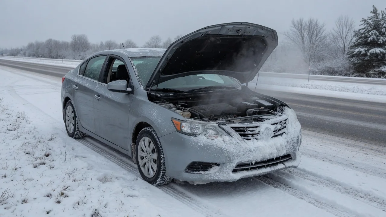Sedan parked on a snowy roadside with its hood up and steam rising from the engine on a cold winter day