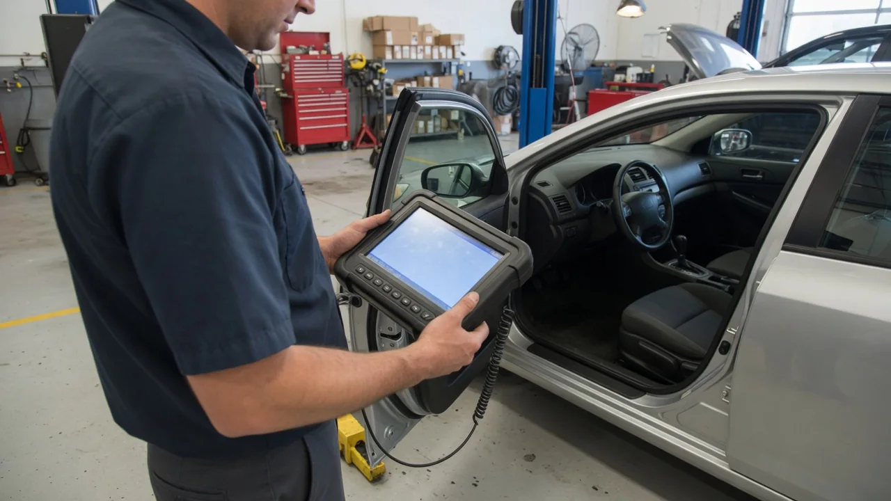 Technician reviewing transmission fault codes on a scan tool beside a parked vehicle