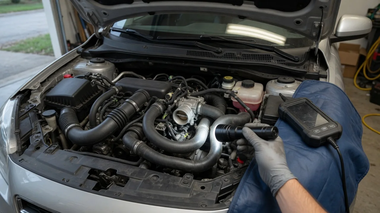 Technician inspecting the intake hoses and throttle body of a compact hatchback engine to find the cause of a rough idle