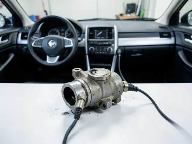 Illustration of an EGR valve with an electrical connector and soot visible inside its gas passage