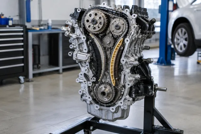 Timing chain, sprockets, guides, and tensioner on a workshop engine display