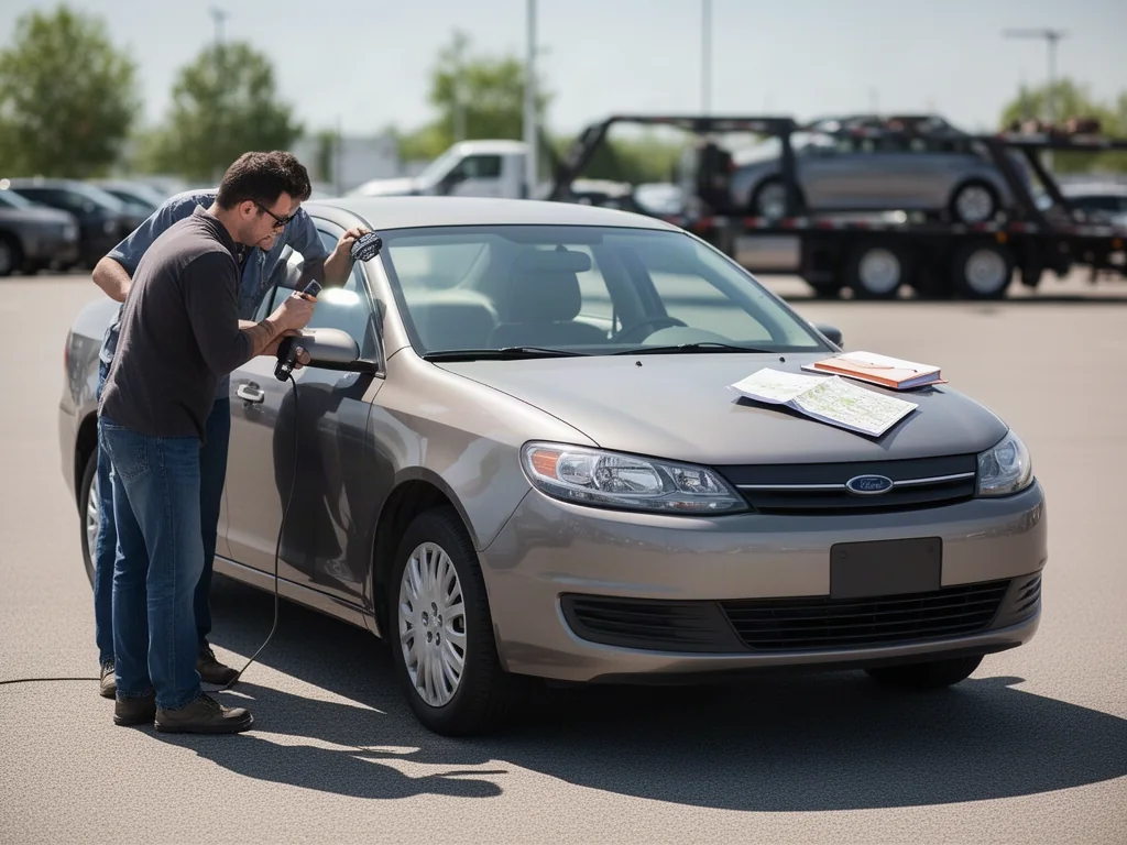 Buyer and mechanic inspecting a used sedan before an out-of-state purchase, with a car transport trailer in the background