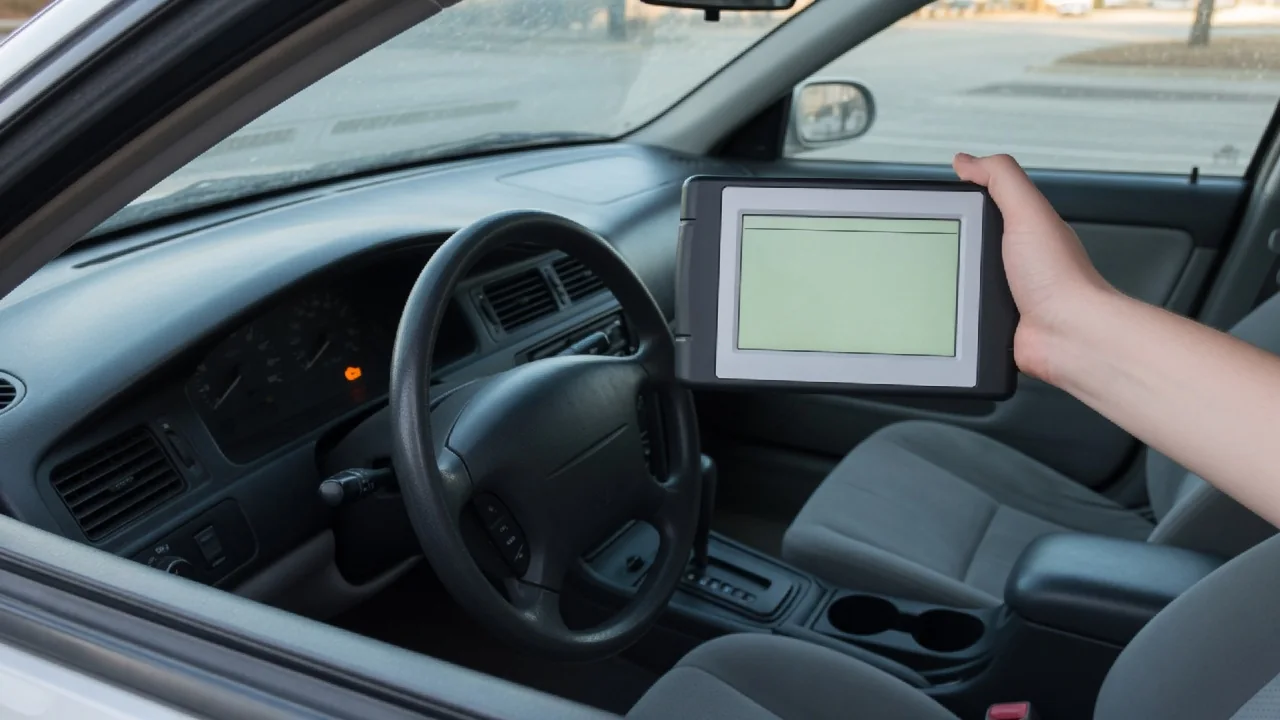 An illuminated check engine light beside a connected scan tool displaying no diagnostic codes