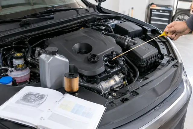 Engine bay with dipstick check, open owner's manual, fresh oil bottle, and new oil filter illustrating oil change intervals