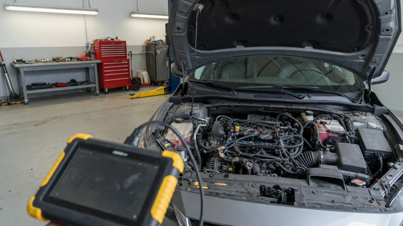 Diagnostic scan tool beside a vehicle with its hood open in a repair shop