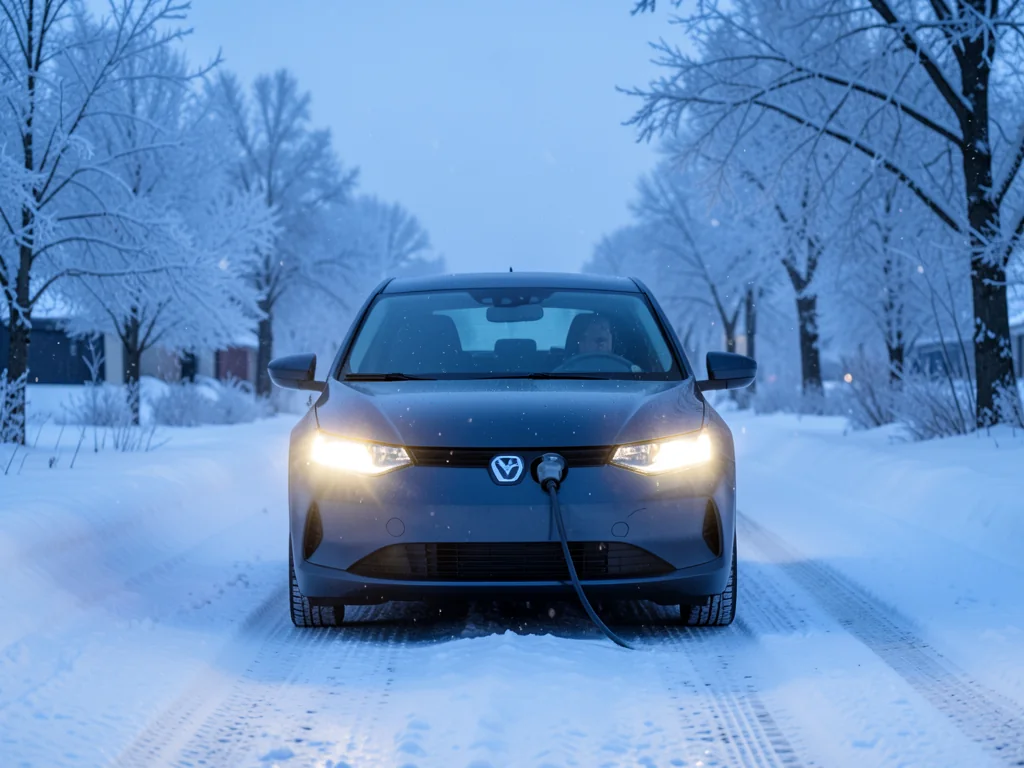 Unbranded electric car driving carefully on a snowy road during light snowfall at dawn