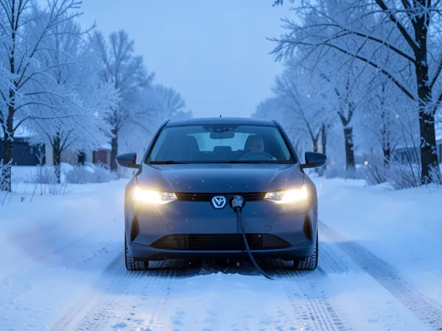 Unbranded electric car driving carefully on a snowy road during light snowfall at dawn
