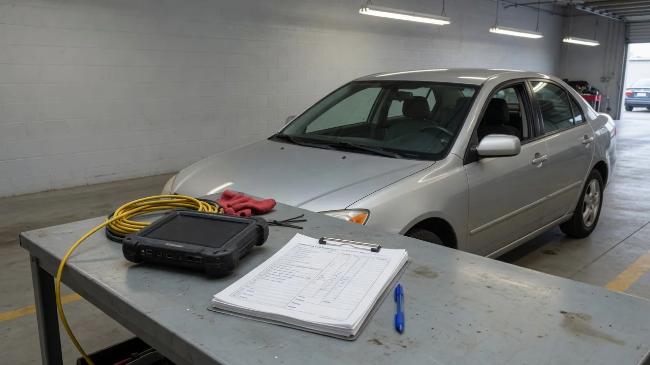 Diagnostic scanner beside a parked vehicle with a checklist for verifying the P1029 code
