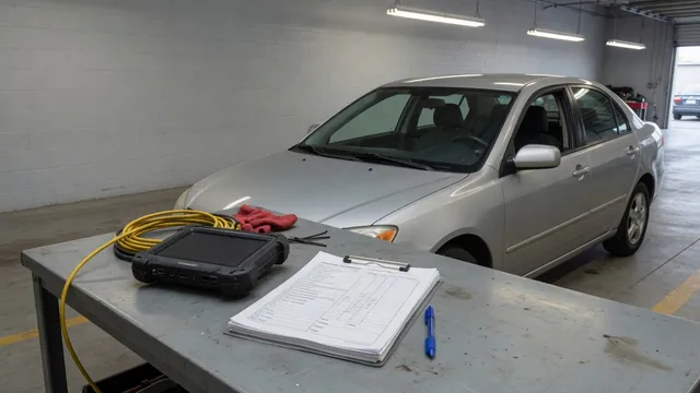 Diagnostic scanner beside a parked vehicle with a checklist for verifying the P1029 code