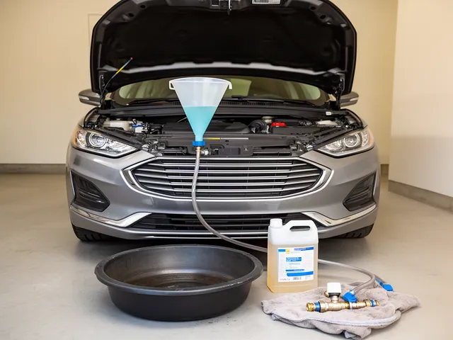 Car with hood open in a garage, spill-free funnel on the radiator, drain pan and sealed used coolant jug on the floor