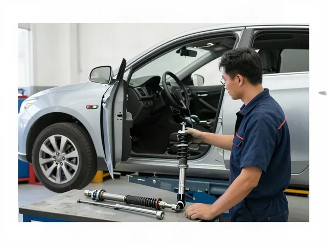 Mechanic inspecting a car's front suspension on a lift with a new strut and tools nearby